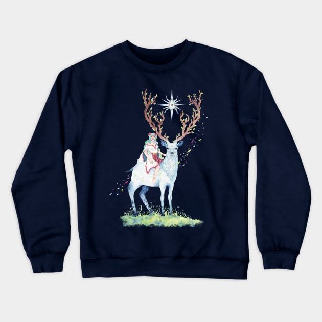 Magical Deer and Girl Crewneck Sweatshirt by Pearl and Plam